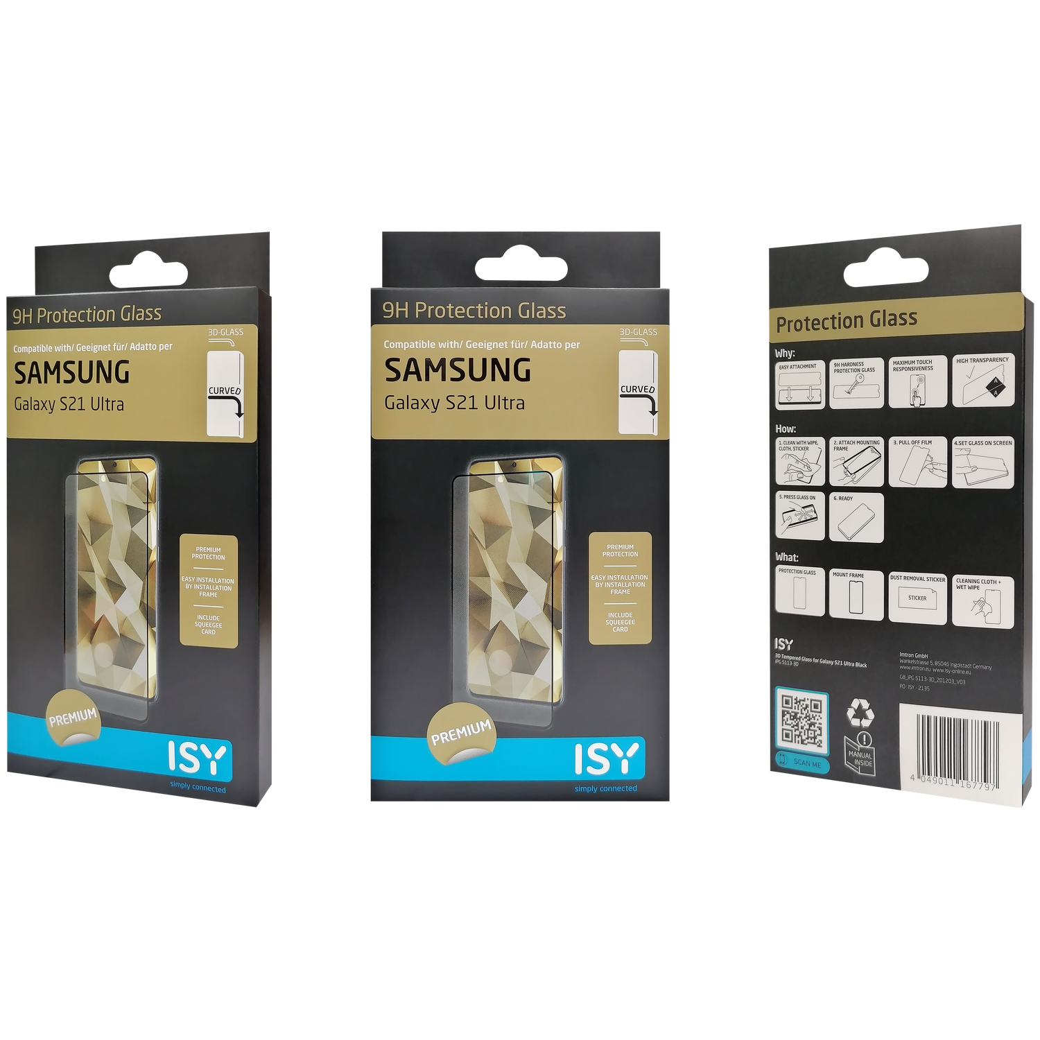 Tres cajas de protectores de pantalla para teléfonos, con información y una imagen del producto.