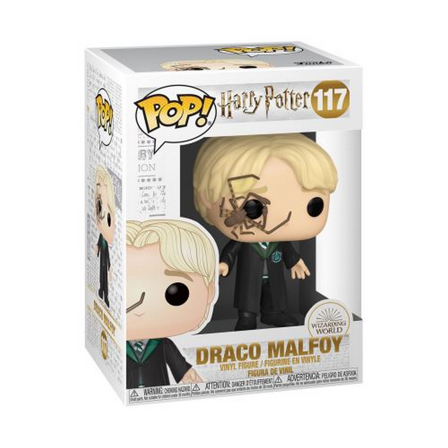 Figura Funko Pop! Draco Malfoy en caja. Caja blanca con imagen y texto del personaje.