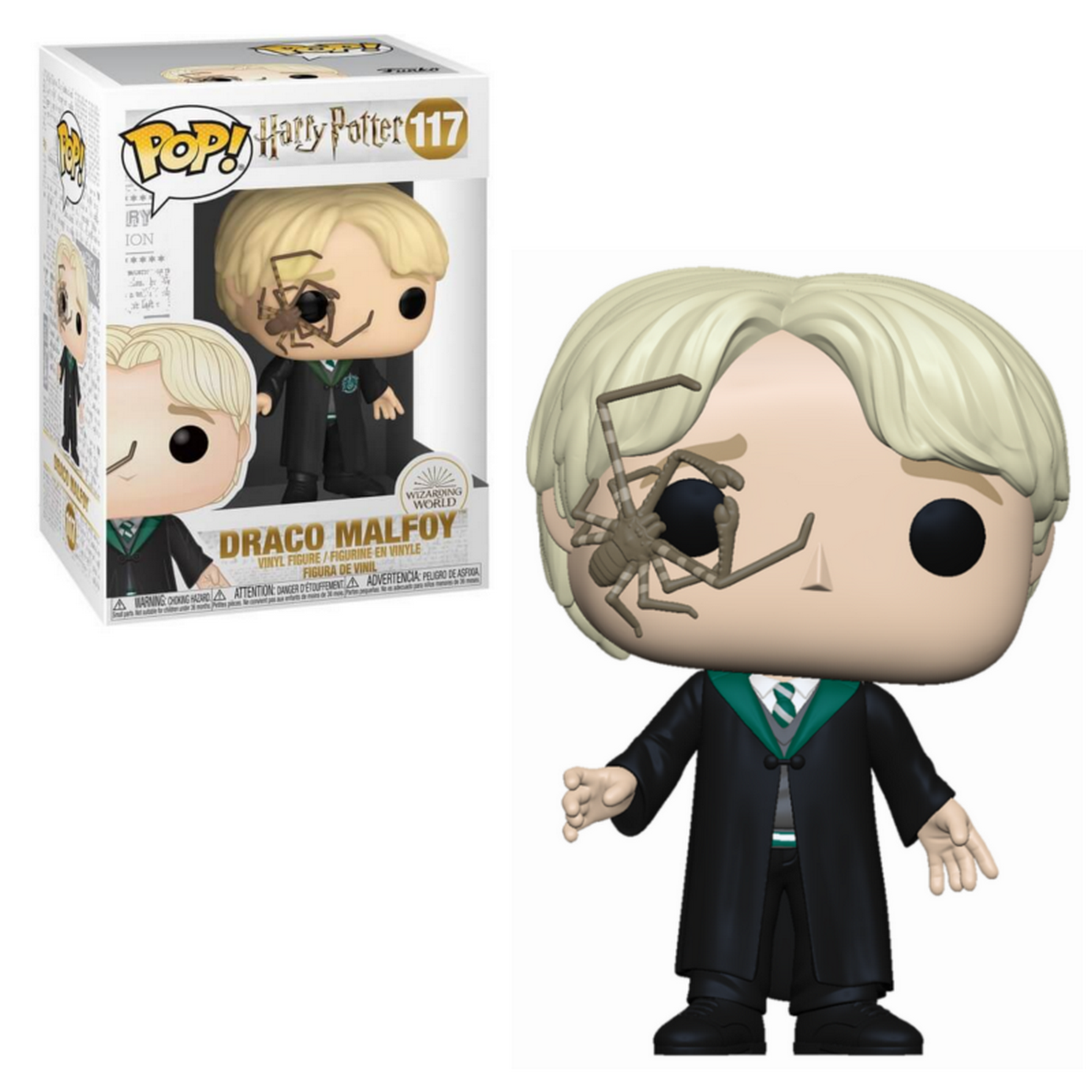 Figura Funko Pop de Draco Malfoy con accesorio de araña, en caja. Cabello rubio, túnica negra.