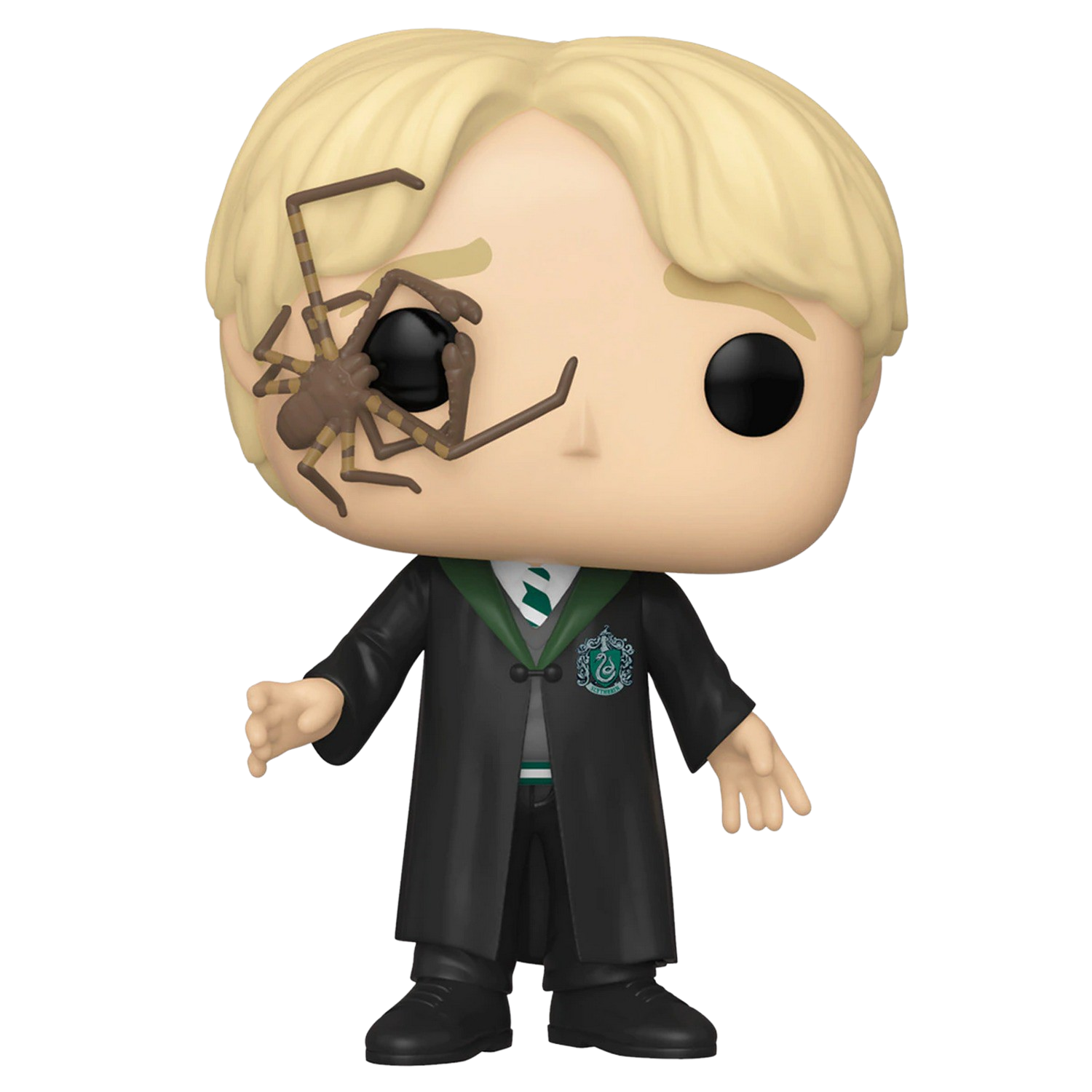 Figura Funko Pop de Draco Malfoy con accesorio de araña. Pelo rubio, túnica negra y corbata verde.