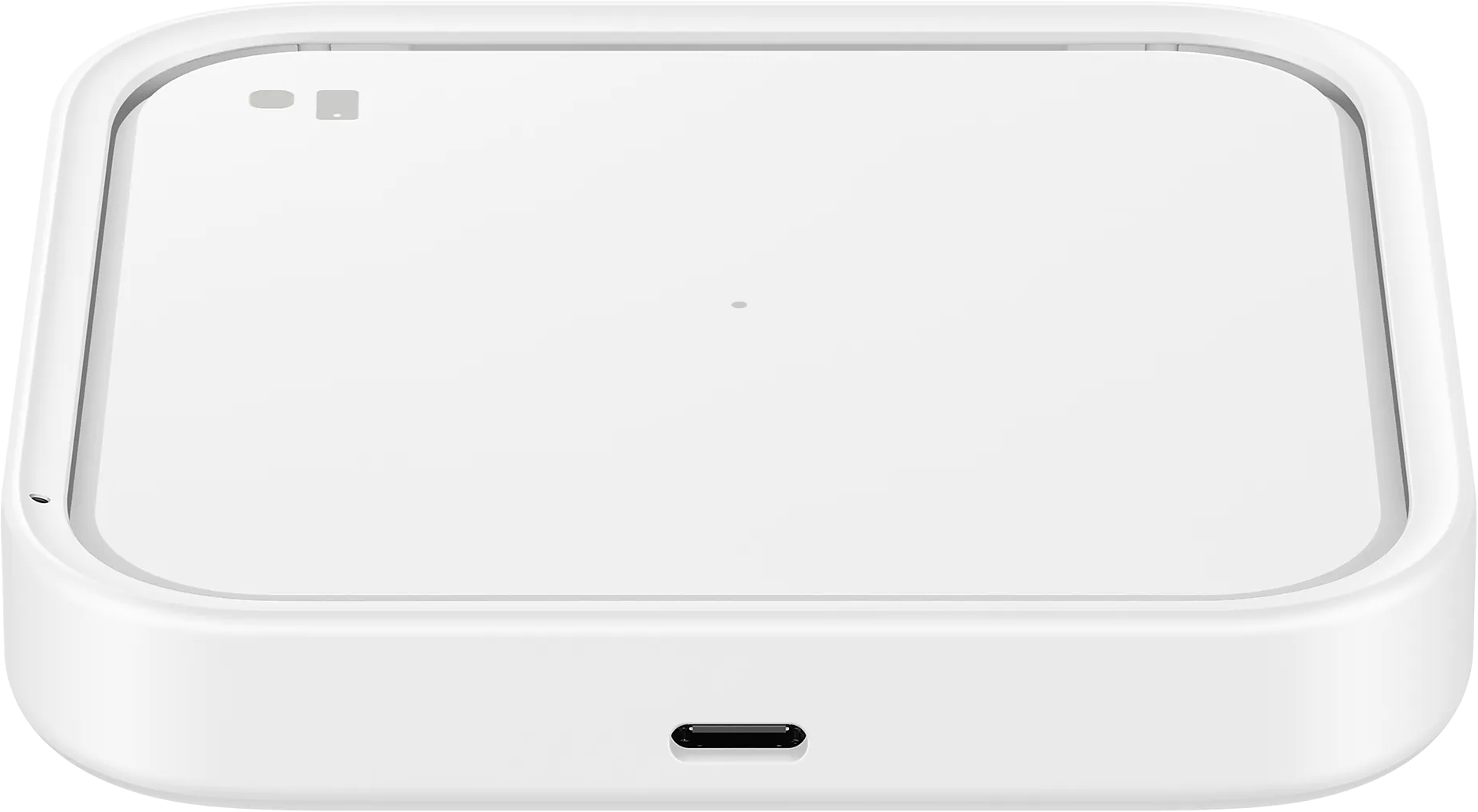 Fehér vezeték nélküli töltő, négyzetes kialakítással és USB-C porttal fehér felületen.