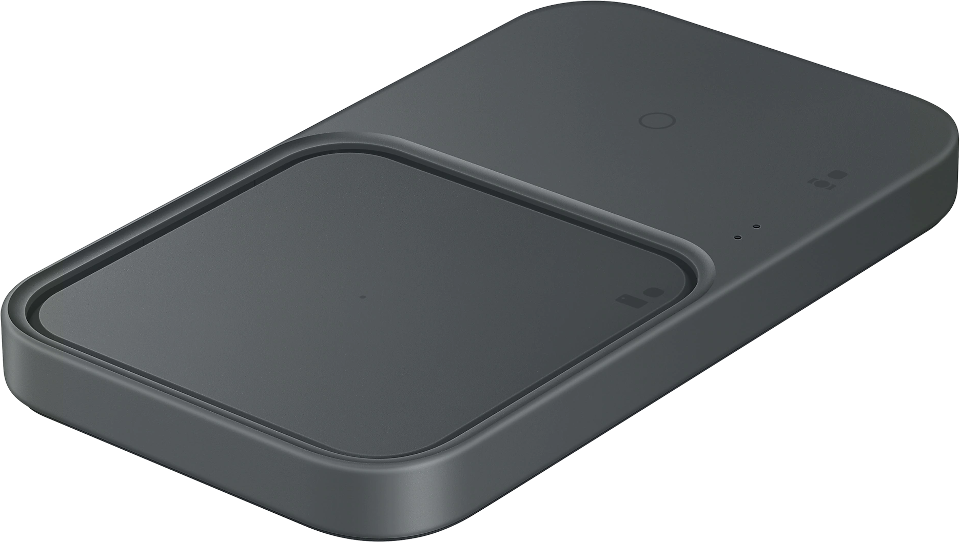 Sötétszürke vezeték nélküli töltőpad. Két töltési terület, kis LED-ekkel.