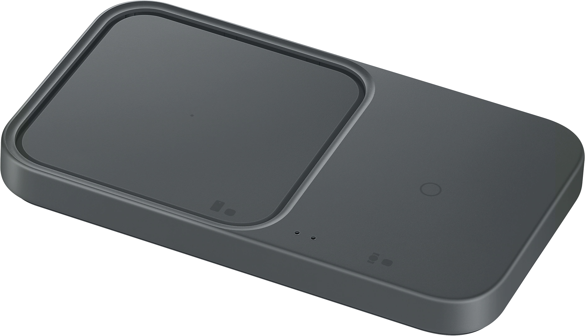 Fekete vezeték nélküli töltő, négyzet alakú töltőpaddal. Két töltési területe van, és fekete a háttere.