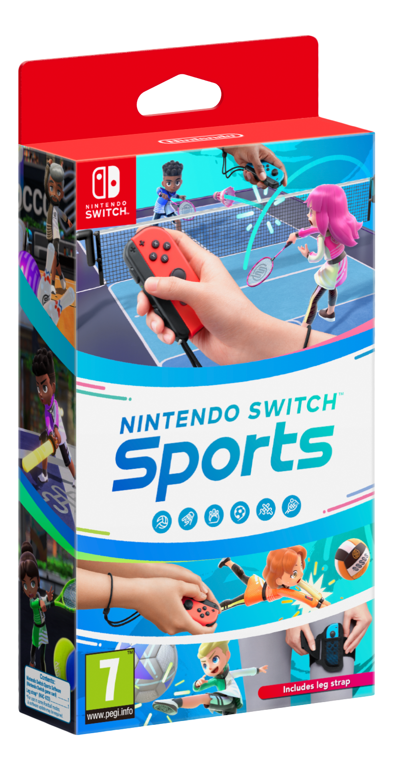 Boîte de jeu Nintendo Switch Sports. Comprend des illustrations de divers sports et manettes.