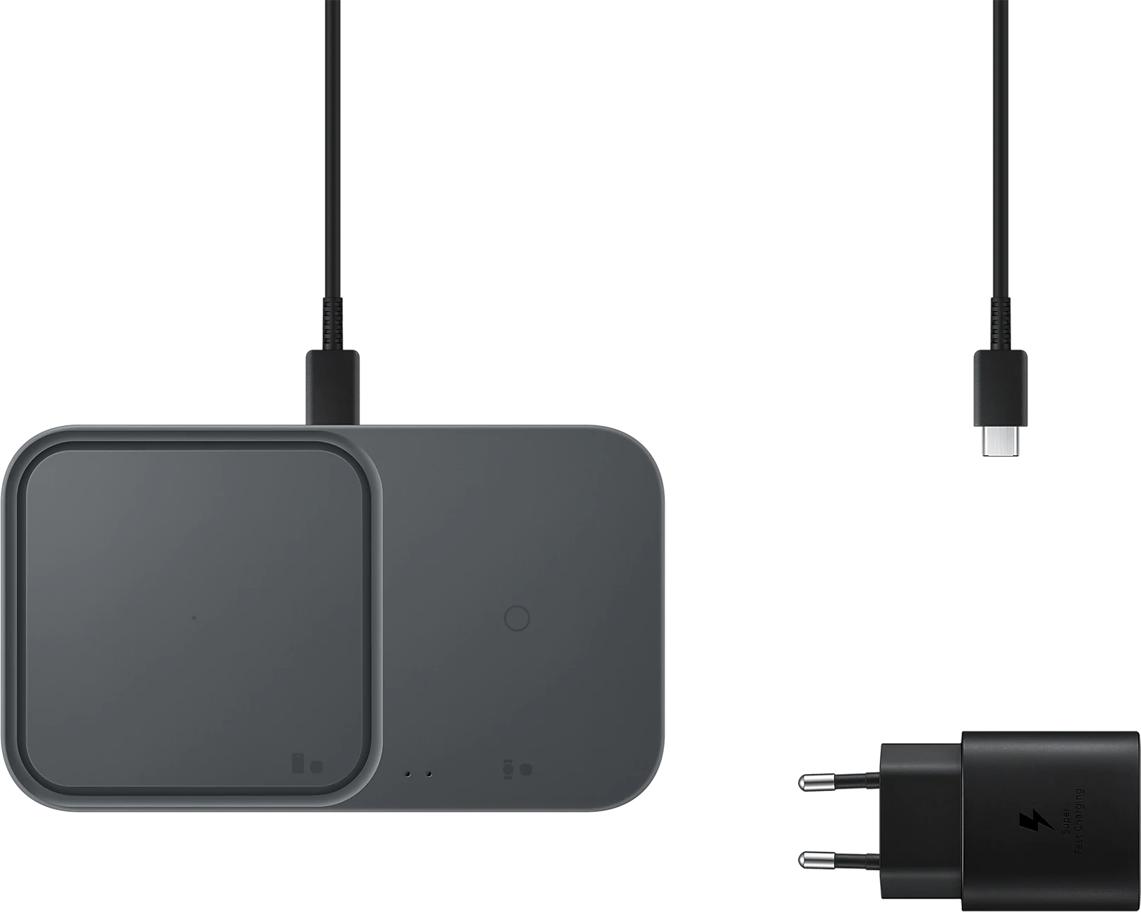 Sötétszürke vezeték nélküli töltő töltőpaddal, USB-C kábellel és adapterrel.