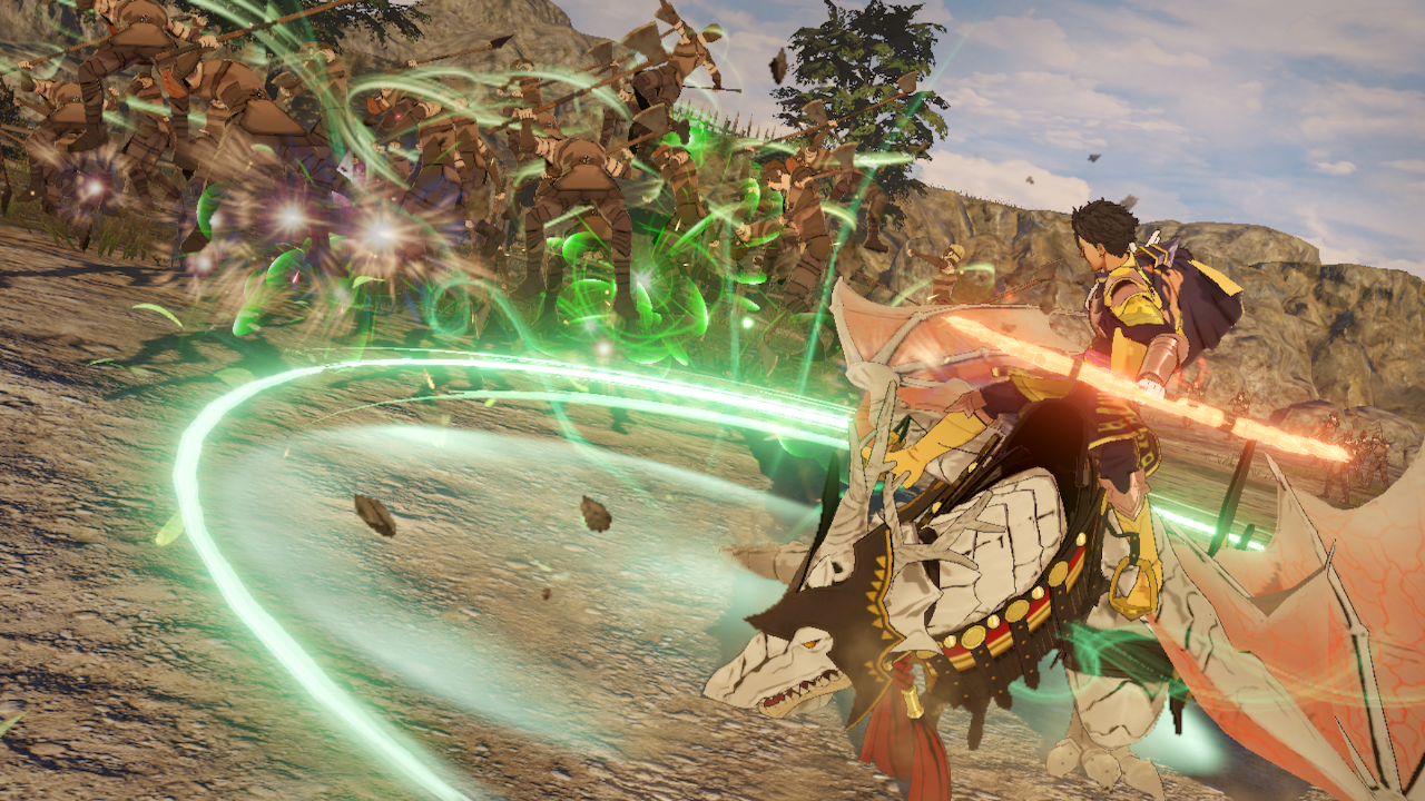Scena di videogioco, personaggio su drago combatte altri personaggi. Effetto energia verde.