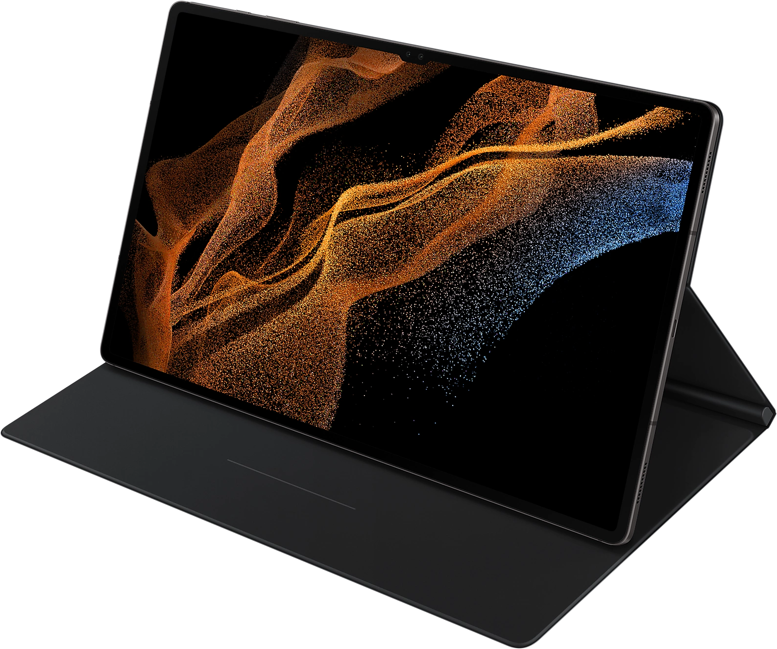 Egy fekete tablet fekete tokkal és tollal. A képernyő színes, absztrakt dizájnt jelenít meg.