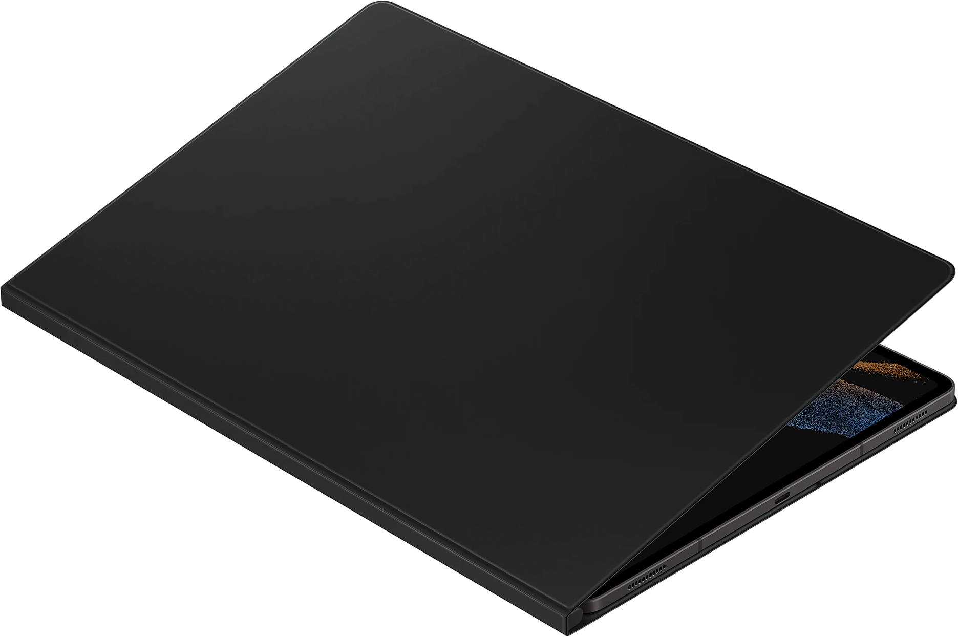 Fekete tablet fekete tokkal. A tok részben nyitva van. Fekete háttér.