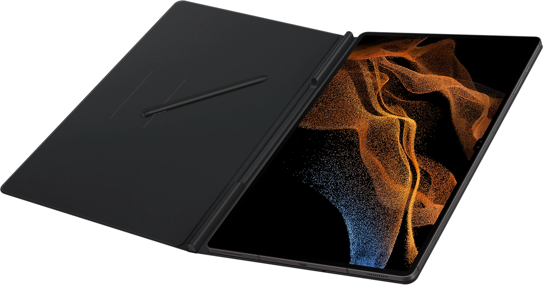 Fekete tablet, nyitott, tollal, színes dizájnnal és fekete borítóval.