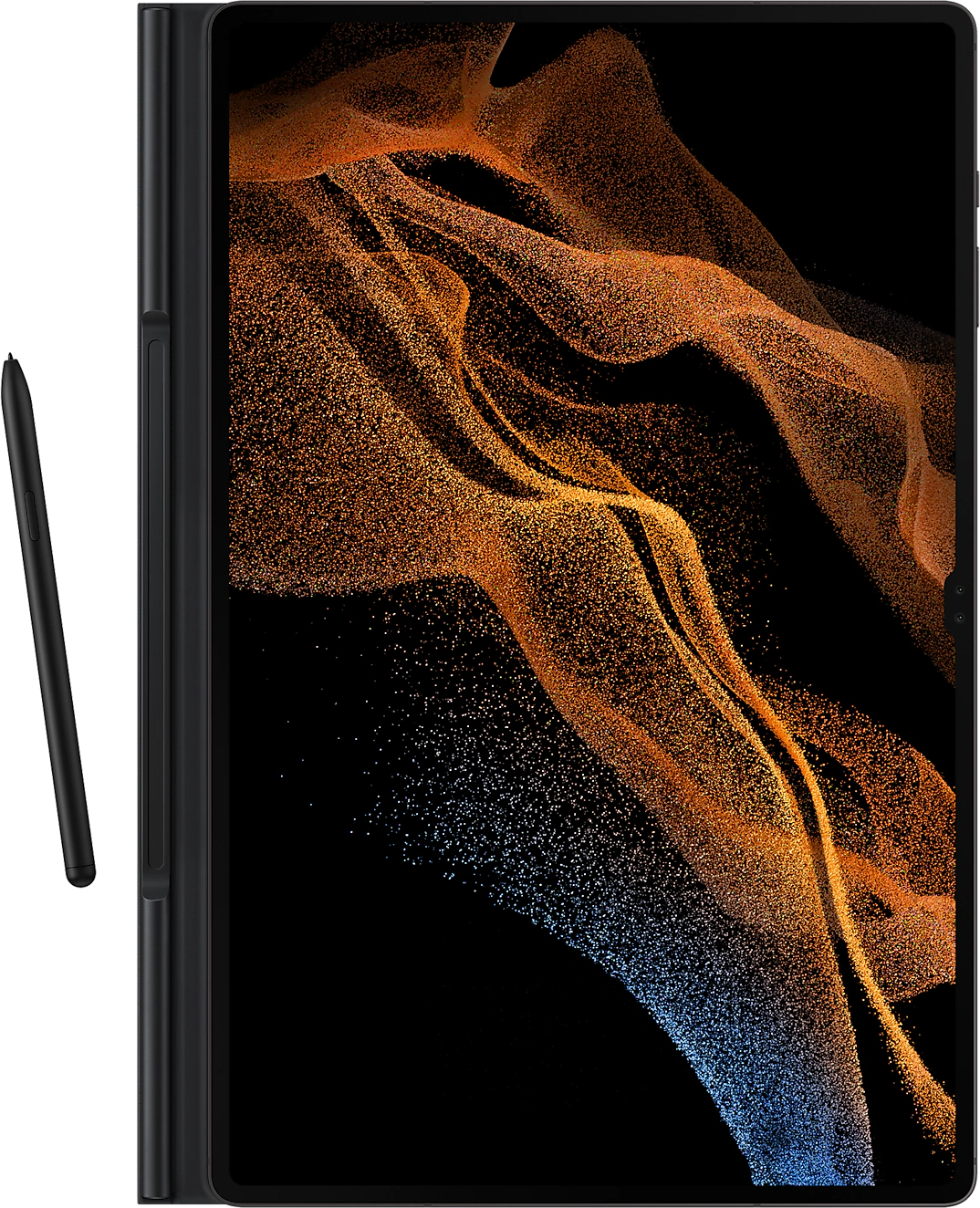 Fekete tablet stylus-szal. A képernyő digitális műalkotásokat mutat.