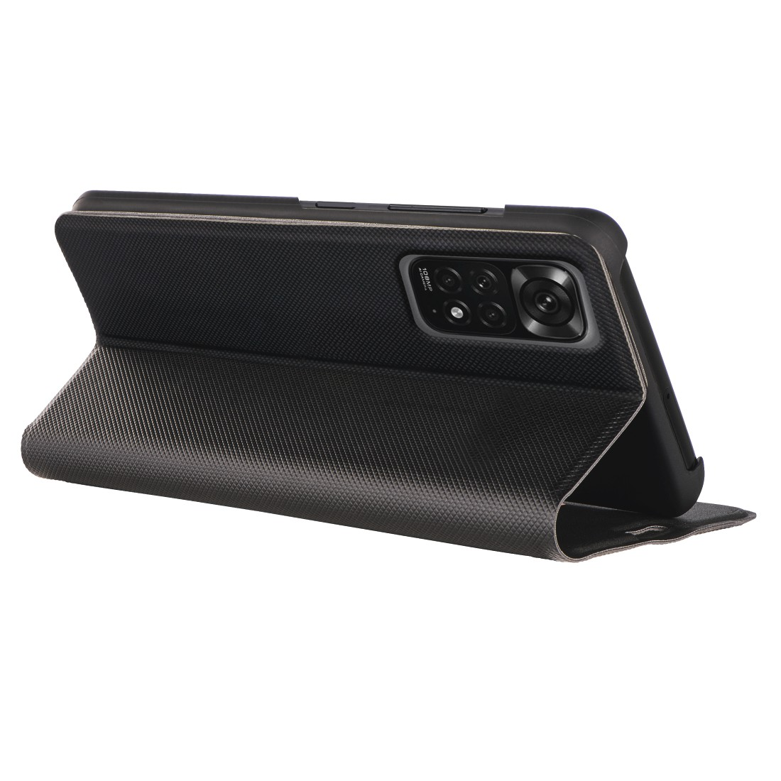 Eine schwarze Handyhülle in stehender Position, die die Kamera des Telefons zeigt.