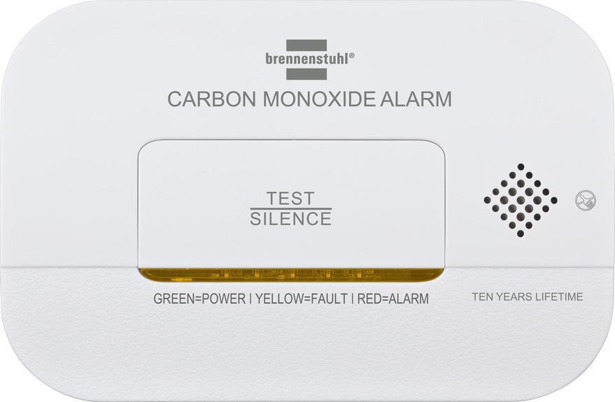 Weißer Kohlenmonoxid-Alarm mit Test-/Stummschaltung, Kontrollleuchten und Lautsprecher. Der Alarm hat 10 Jahre Lebensdauer.