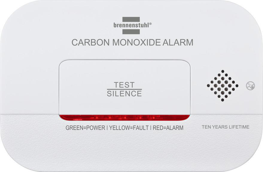 Weißer Kohlenmonoxid-Alarm. Test/Stumm-Taste, grüne Strom-, rote Alarmanzeige.