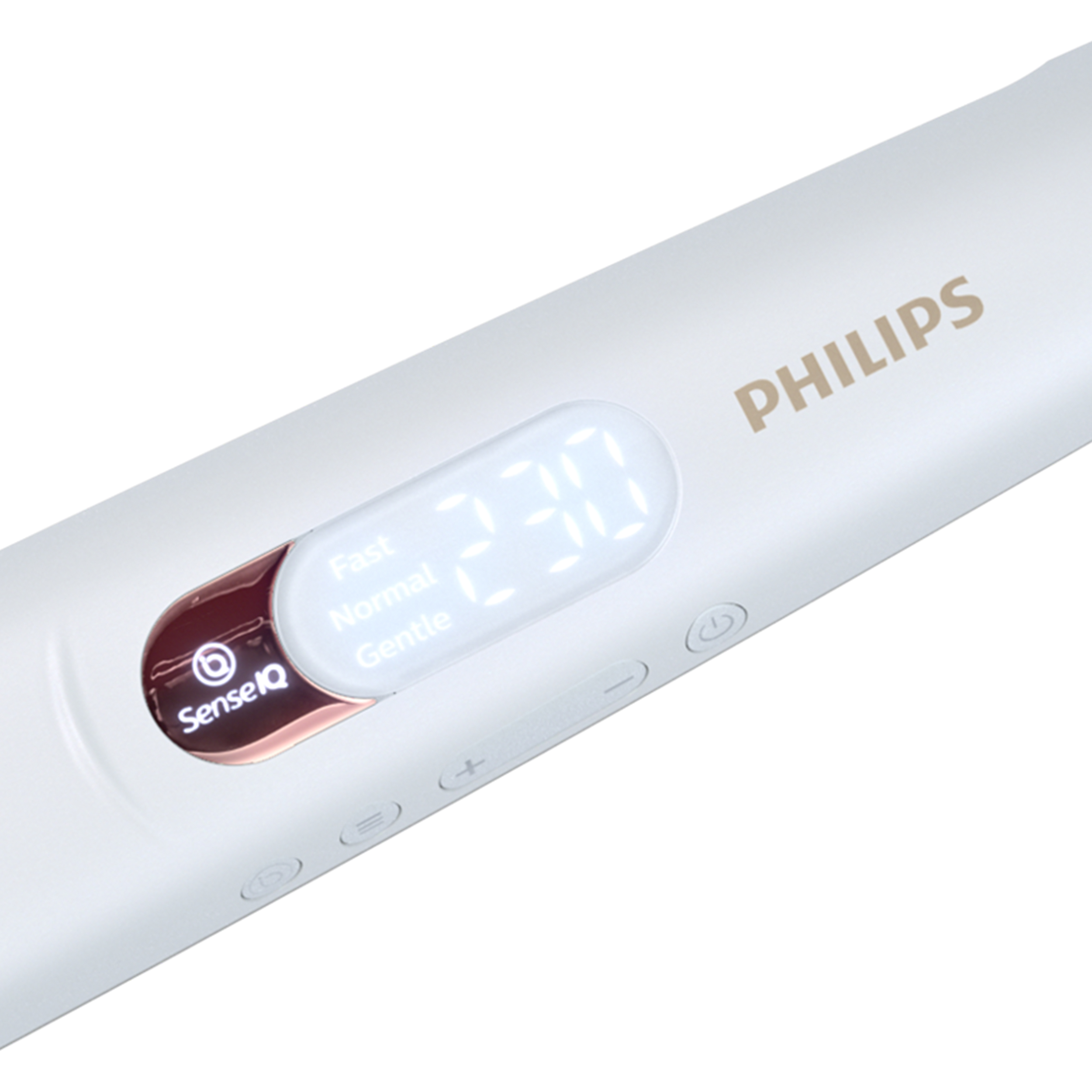 Weiße Philips Zahnbürste mit digitaler Anzeige, die 230 anzeigt.