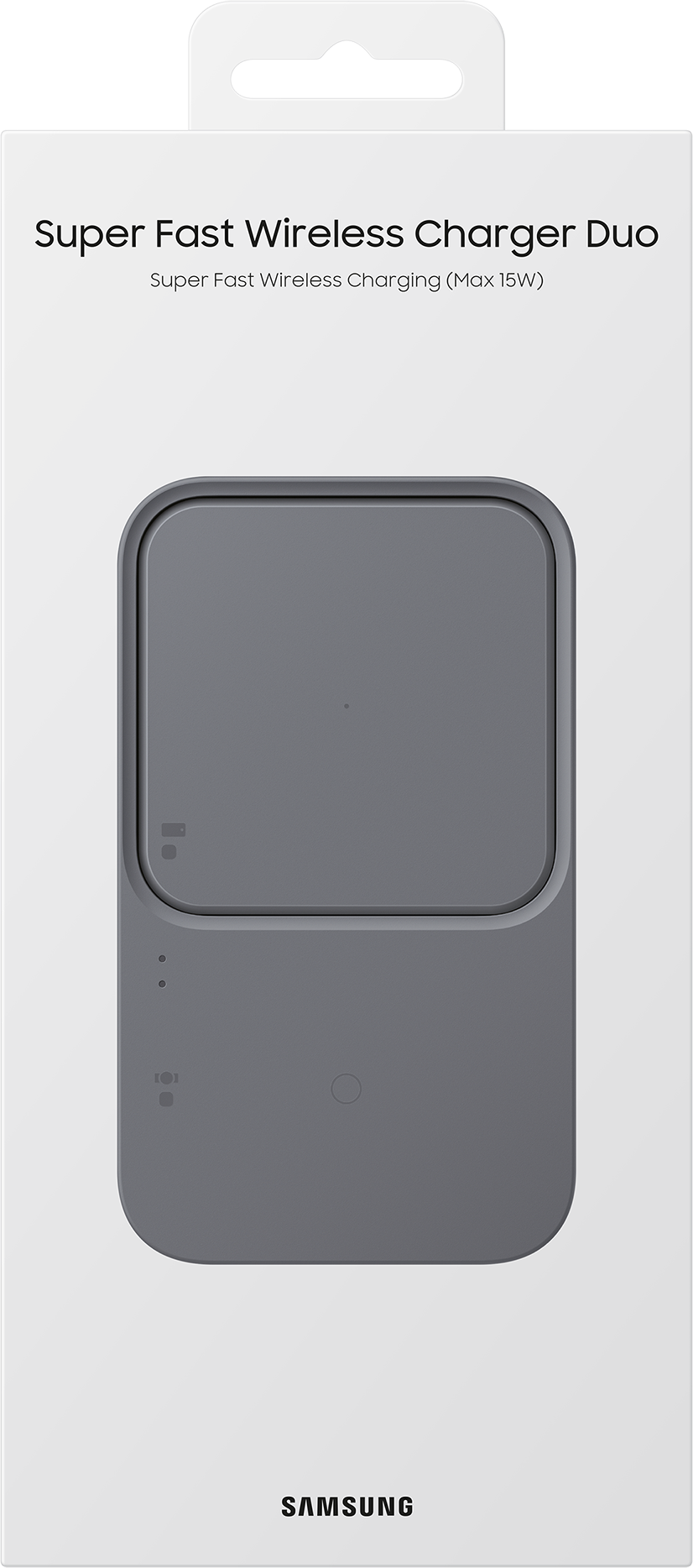 Una scatola bianca mostra il Super Fast Wireless Charger Duo. Il caricatore è grigio con un design elegante.