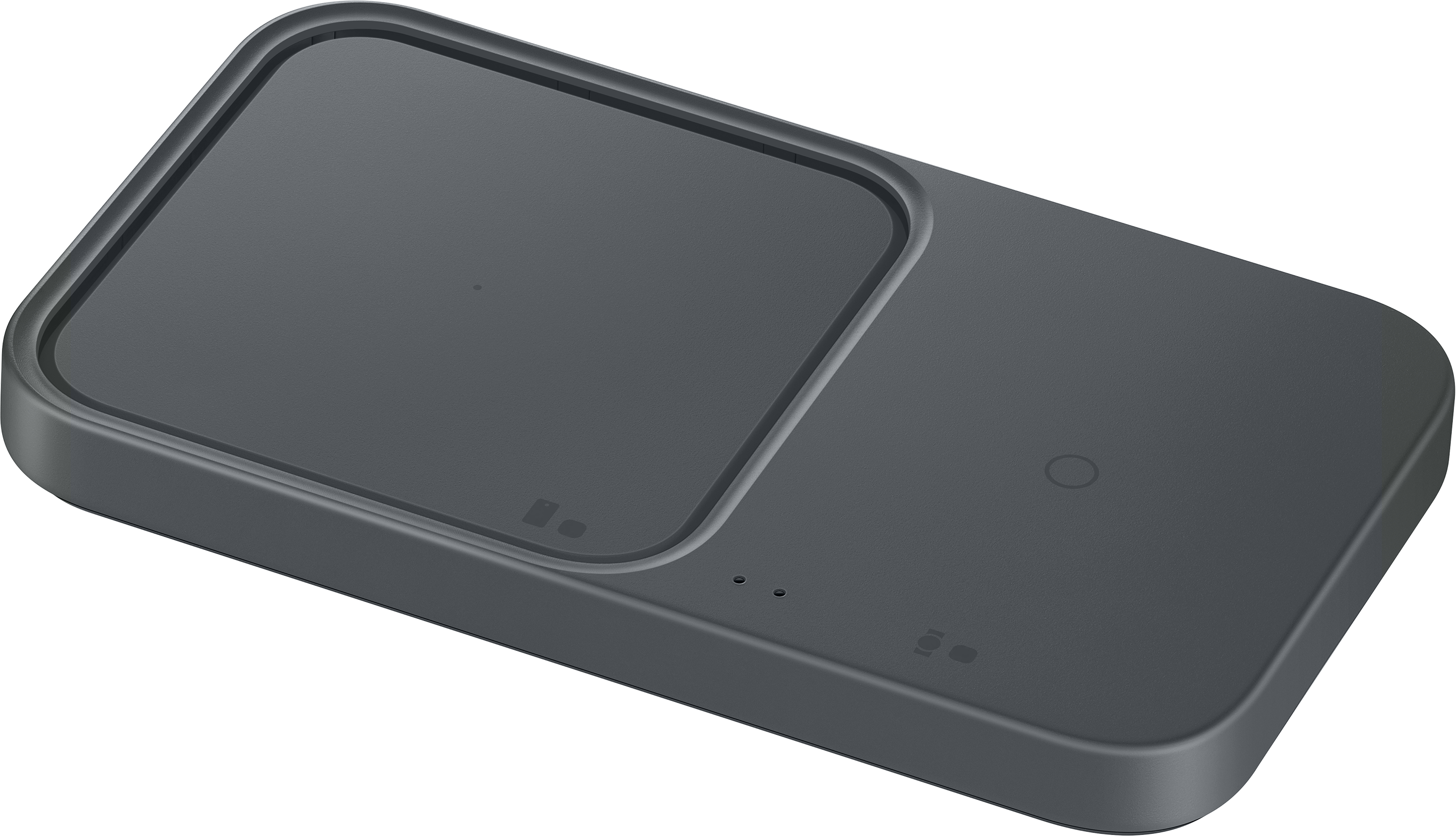 Stazione di ricarica nera, doppio pad wireless, design elegante.
