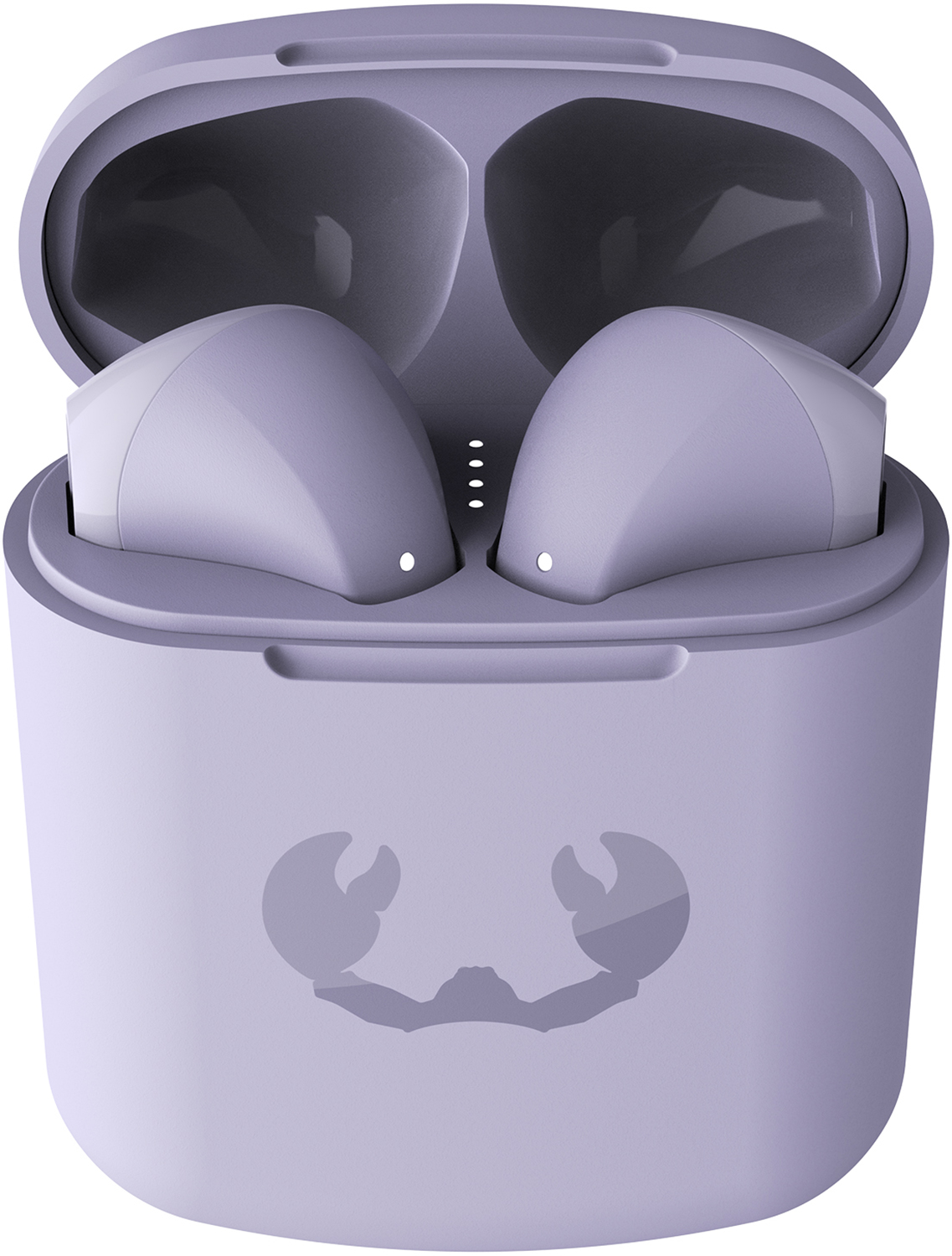 Lilac-colored wireless earbuds in a charging case.