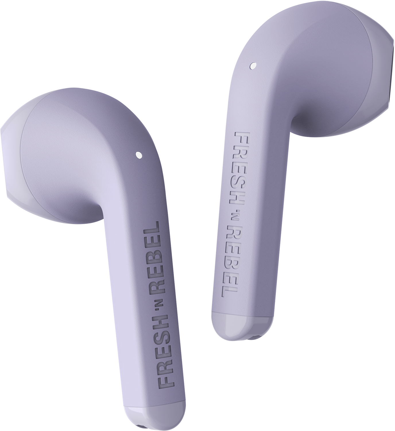 Two light purple earbuds with the words 'FRESH 'N REBEL' printed on the stems, white background.