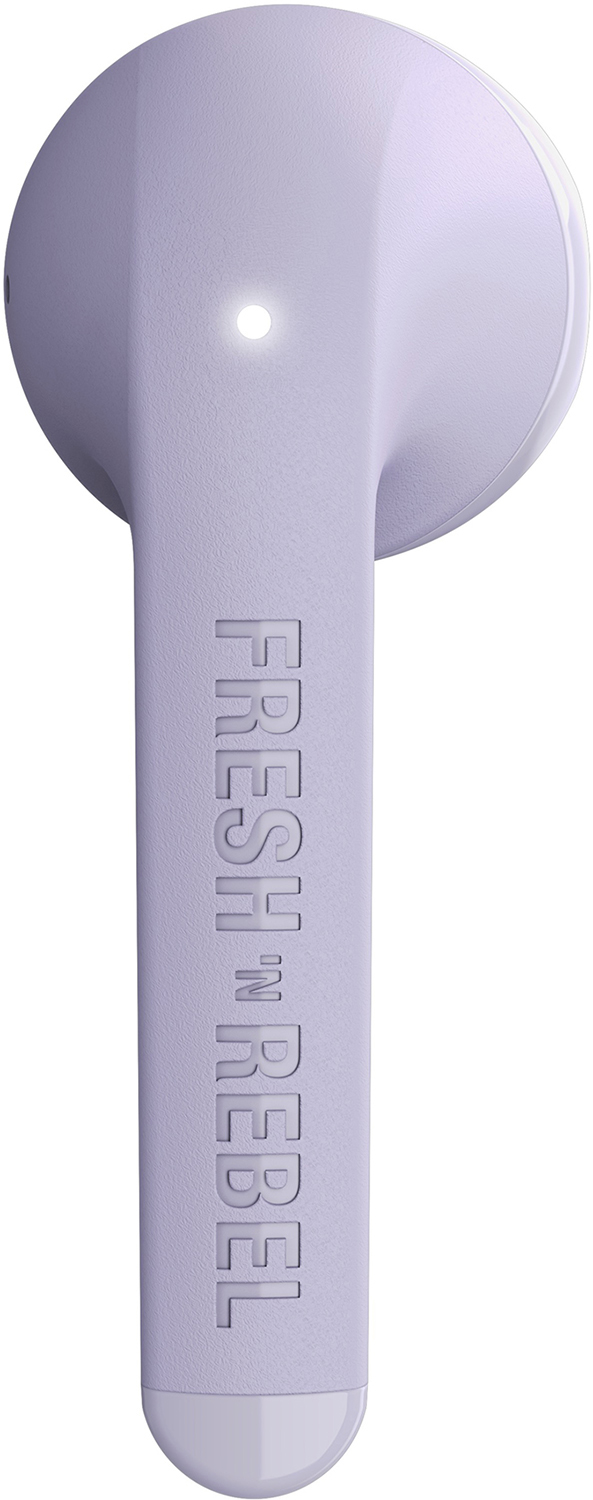 Lilac Fresh 'n Rebel earbuds. White light at the top. The brand name is printed on the side.