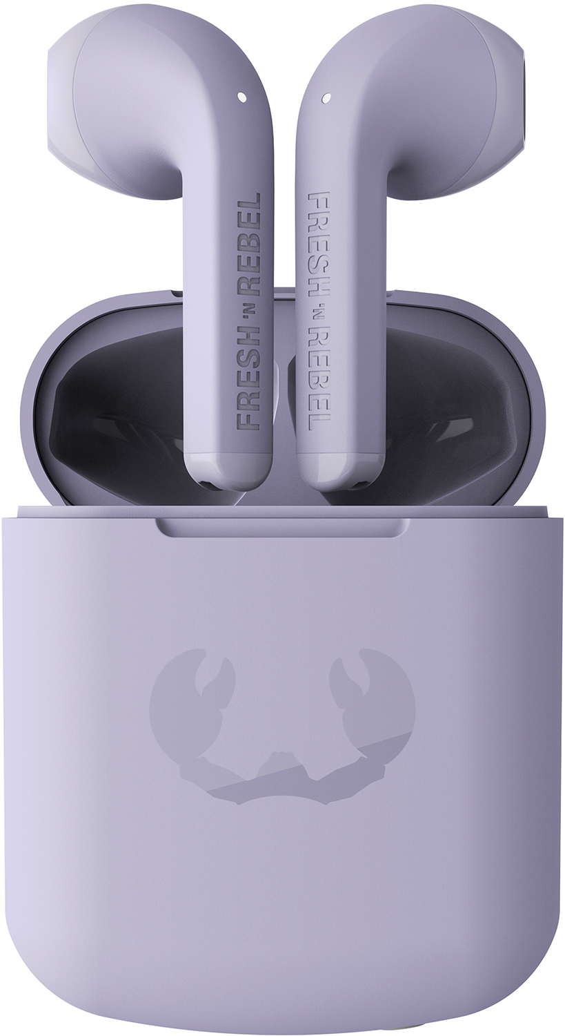 Lavender earbuds in charging case, with 'FRESH 'N REBEL' written on them. The case has a logo.