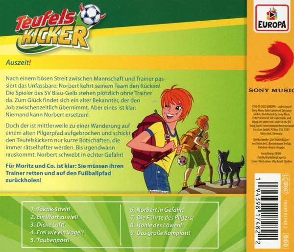 Cartoon-Bild. Zwei Kinder, eines mit Rucksack, gehen mit einem Hund auf einem Pfad.