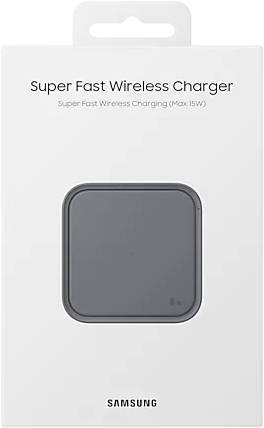 Weiße Box mit dem Text 'Super Fast Wireless Charger' und einem grauen Ladepad darin.