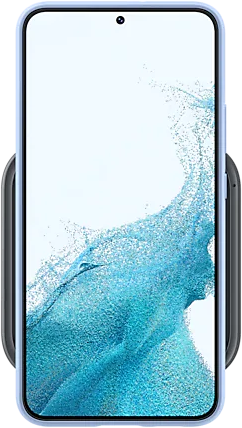 Blaues Telefon in einer Hülle. Anderes Telefon auf der rechten Seite. Weißer Hintergrund.