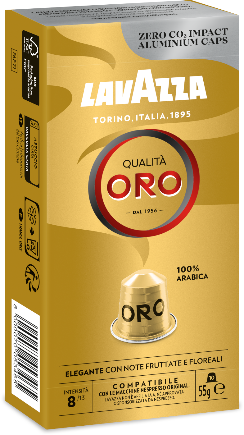 Lavazza Qualita Oro kávékapszula doboz. Arany színű dizájnnal rendelkezik, a márkanévvel és a termék részleteivel.