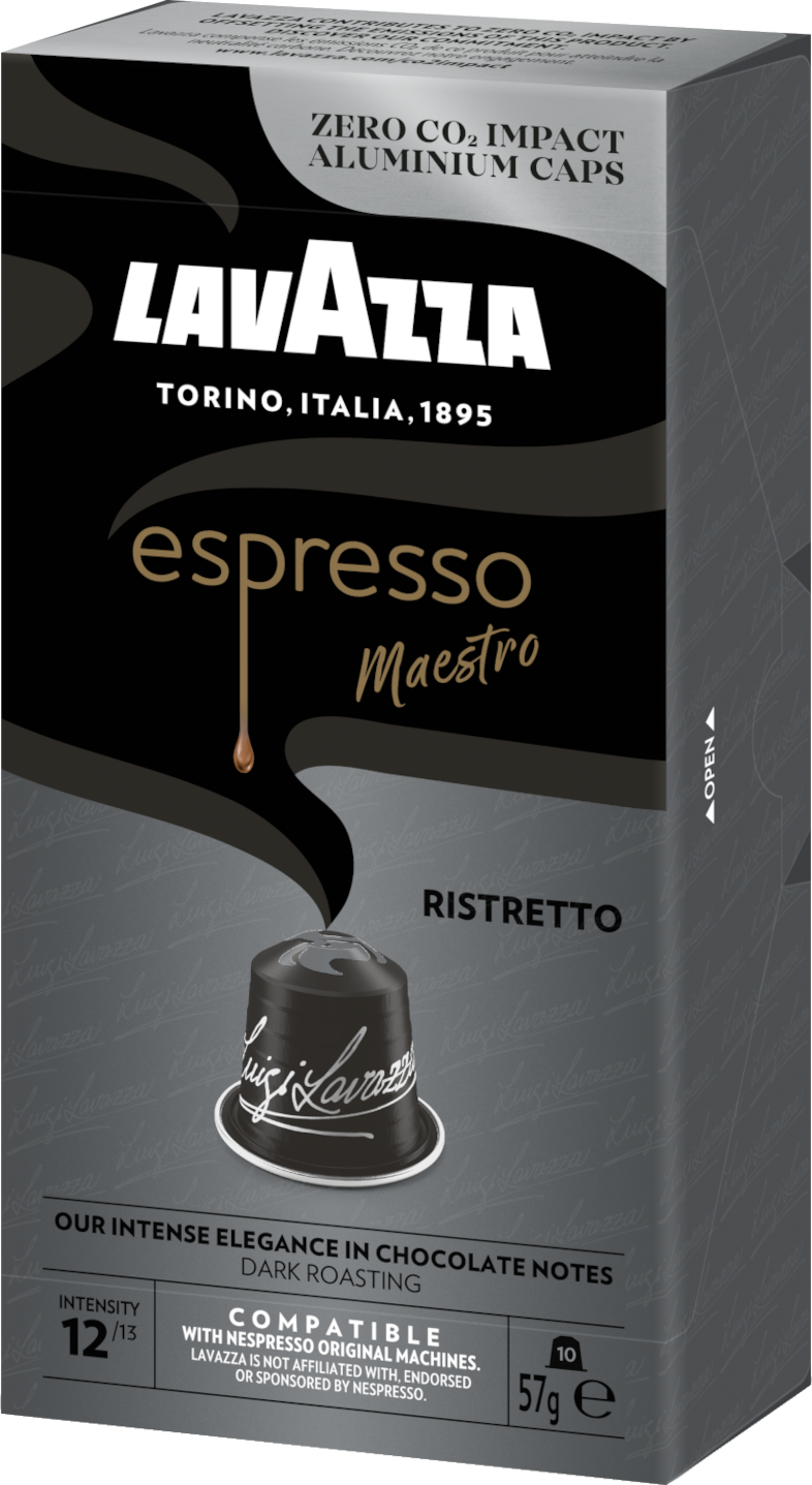 Kávé doboz Lavazza Espresso Maestro logóval és egy kávékapszulával.