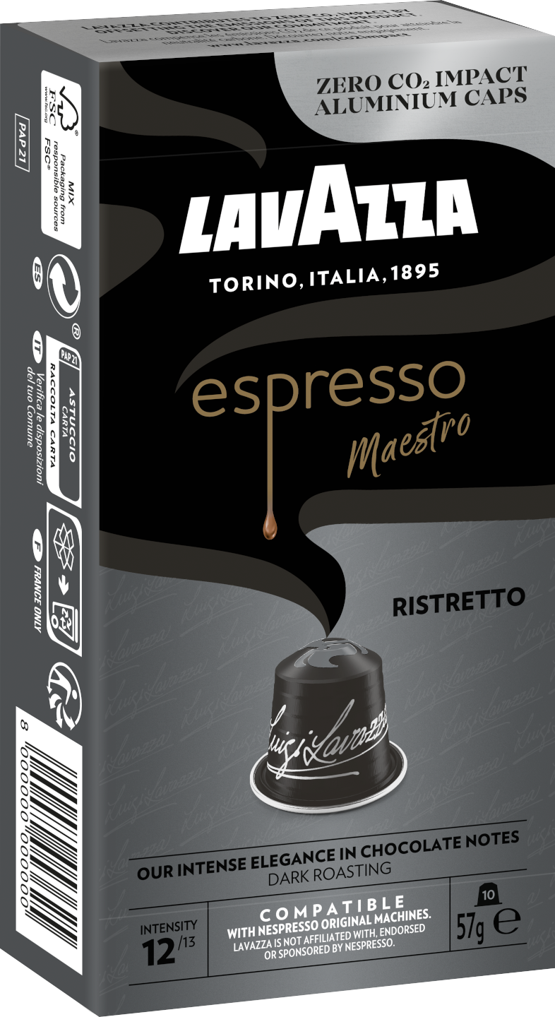 Lavazza Espresso Maestro kávékapszula doboz. Fekete, arany és fehér dizájn. Szöveg és kávébab grafika.
