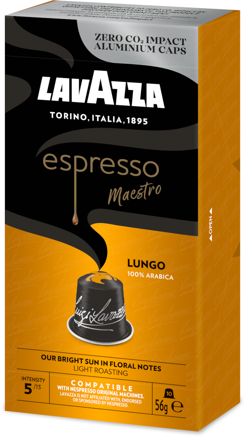 Lavazza espresso maestro kávépárnák doboza, fekete kapszulával.