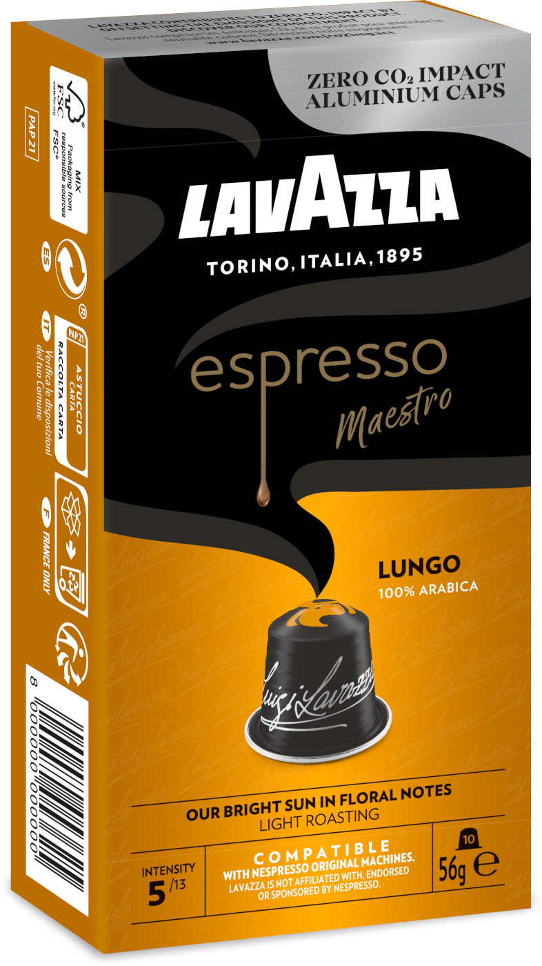 Kávé doboz. Lavazza Espresso Maestro, tetején egy kávékapszulával. Fehér szöveg és narancssárga háttér.