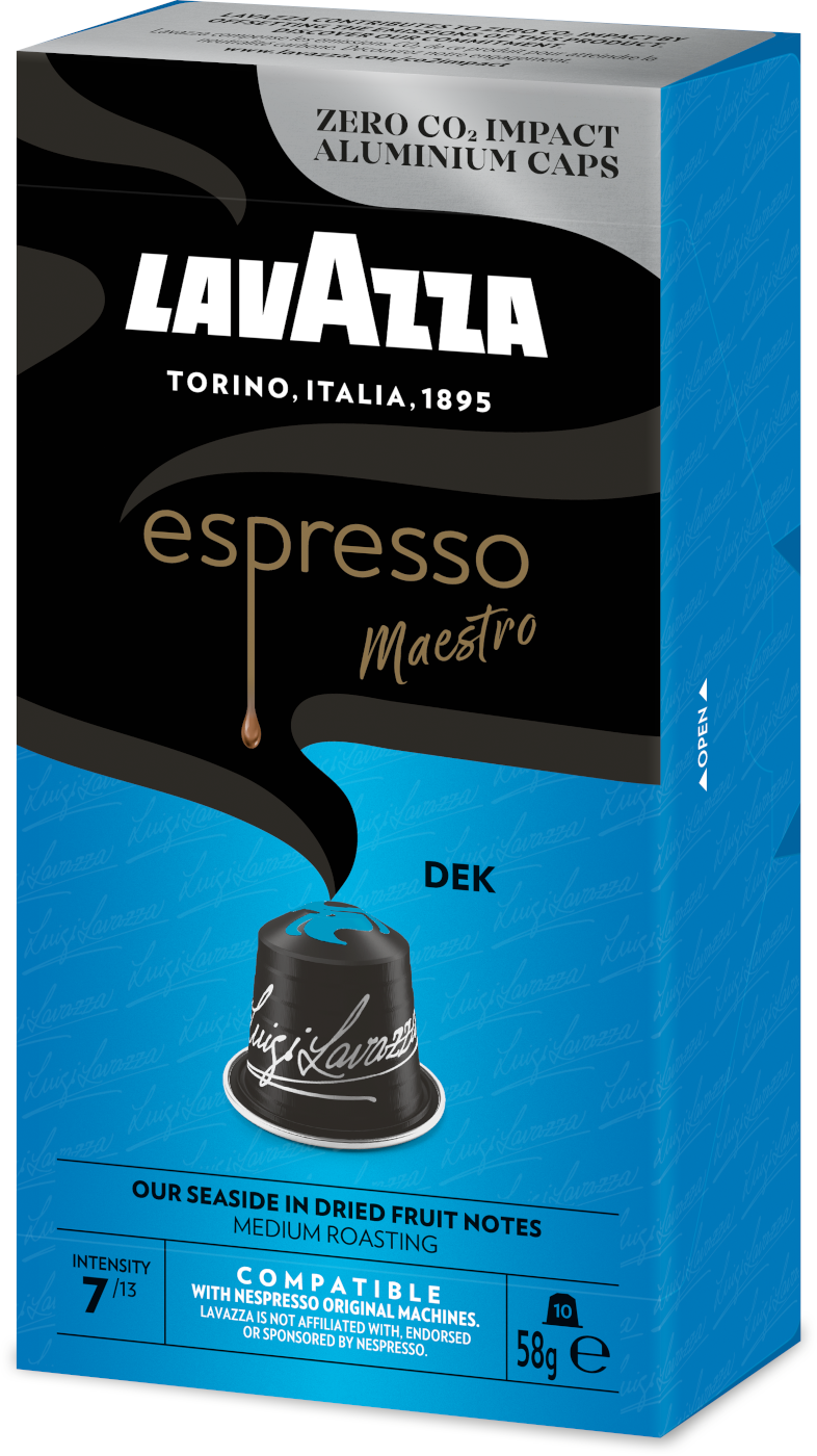 Egy Lavazza espresso maestro kávékapszula doboz szöveggel és egy kávékapszulával.