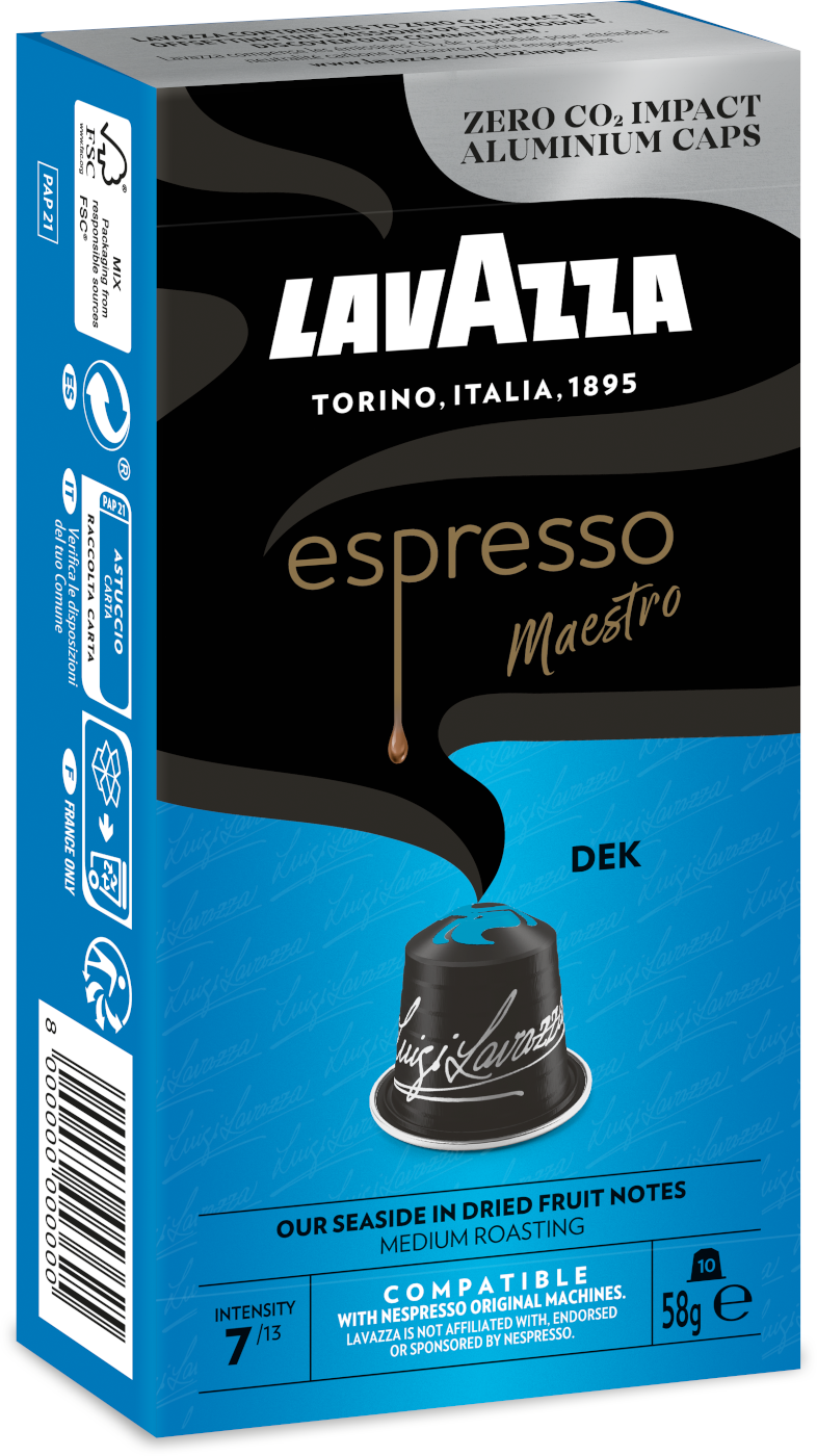 Lavazza Espresso Maestro kávékapszulák doboza kék színben, tetején egy kávékapszulával.