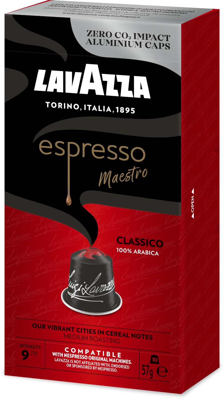 Lavazza espresso kávékapszula doboz fekete kapszulával, a márkanévvel.