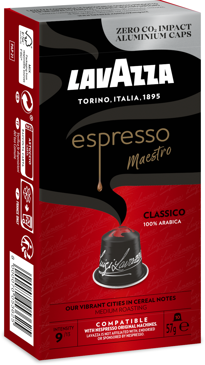 Kávé doboz. Azt írja, hogy Lavazza, Espresso és Classico. A kapszula látható.