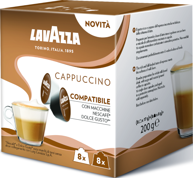 Lavazza Cappuccino kávépárnák doboza. Kép kávéról a csészében. Olasz szöveg a dobozon.