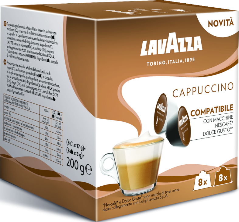 Lavazza cappuccino kávékapszula doboza. Kávéscsésze habbal és kapszulákkal.