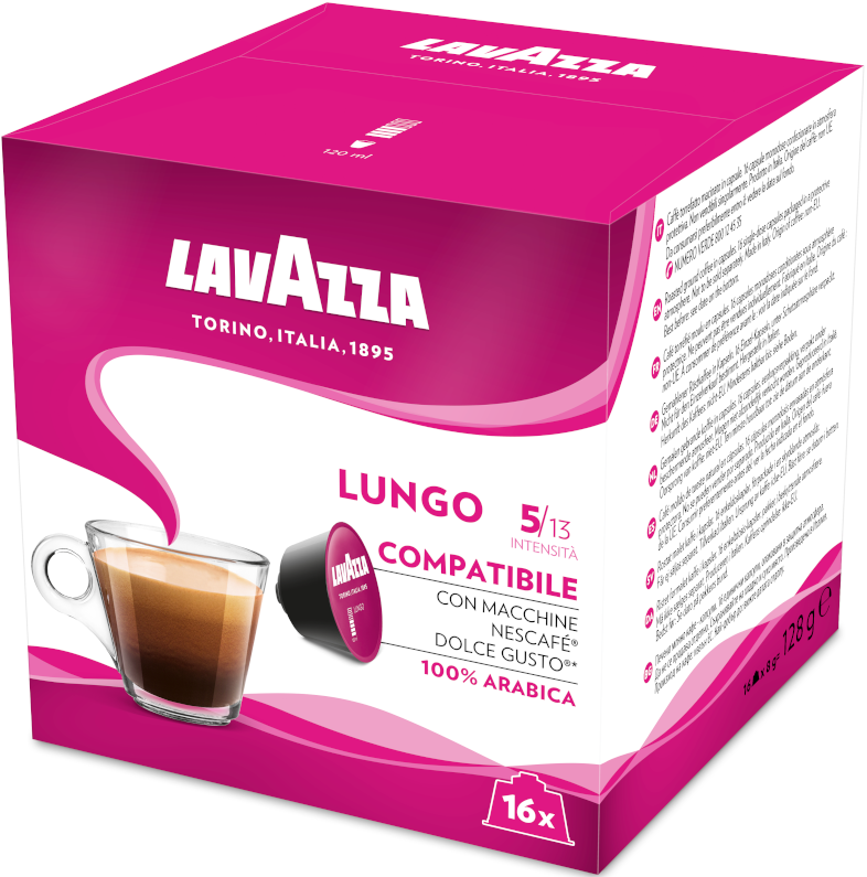 Lavazza kávé doboz egy csésze kávéval, kapszulával és szöveggel rózsaszín háttéren.