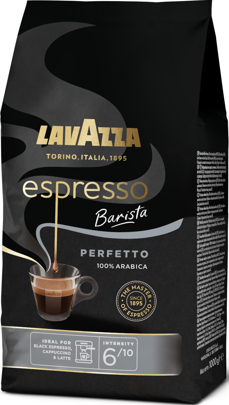 Fekete kávézacskó Lavazza Espresso logóval és egy csésze kávé kávébabbal mellette.