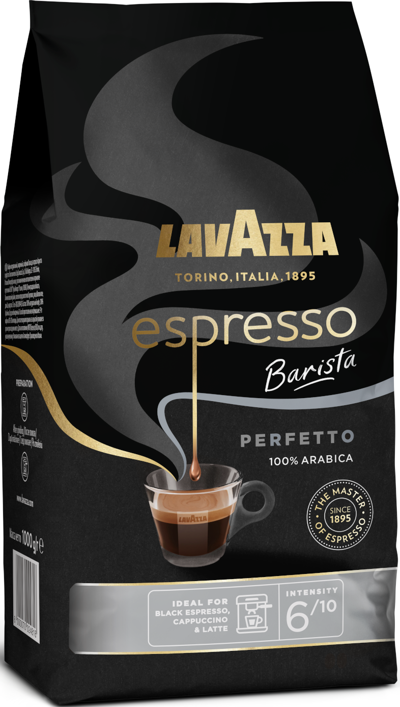 Lavazza Espresso Barista kávézacskó. Fekete zacskó kávéscsésze képpel és szöveggel. Fehér háttér.