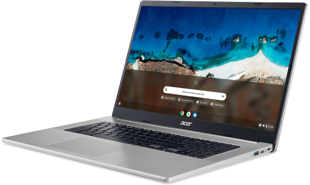 Silberner Acer-Laptop, geöffnet, zeigt eine Strandszene. Tastatur sichtbar, Bildschirm zeigt eine Google-Suchleiste.