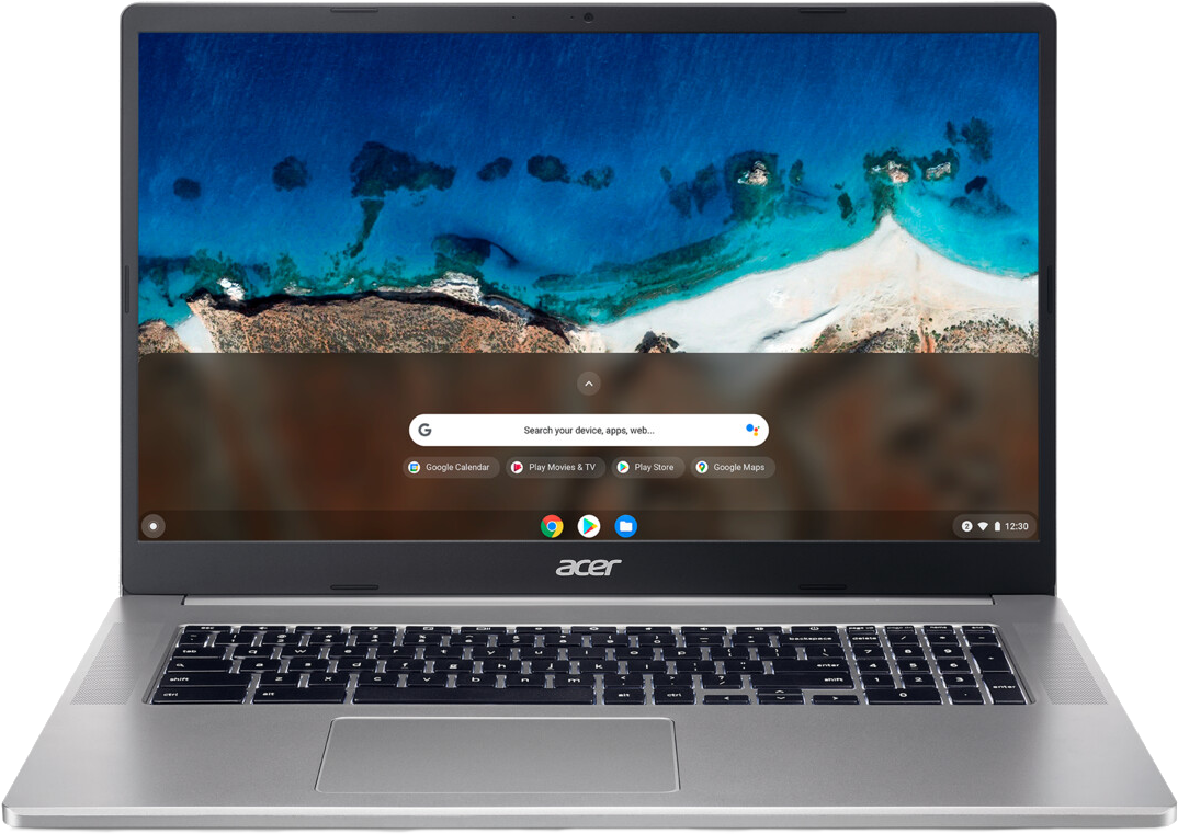Ein silbernes Acer-Laptop ist geöffnet. Der Bildschirm zeigt eine Strandszene und eine Google-Suchleiste. Tastatur und Trackpad sind sichtbar.