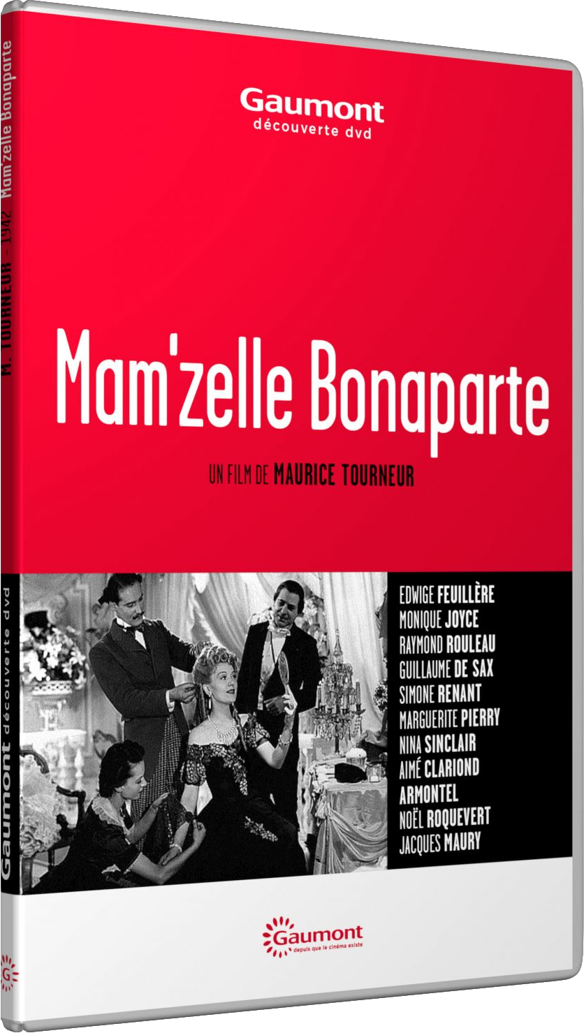 DVD-hoes voor 'Mam'zelle Bonaparte'. Rode achtergrond met filmstills en tekst.