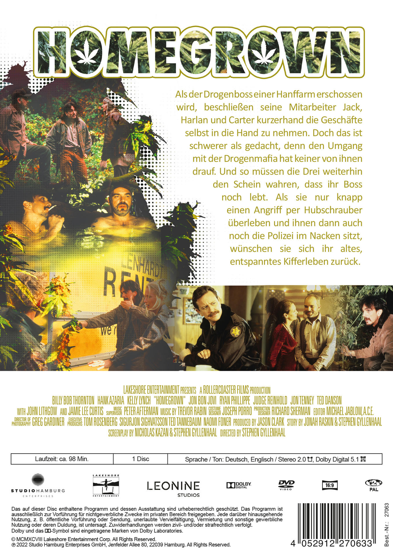 Filmcover mit mehreren Personen, einem Cannabislatt und dem Titel "HOMEGROWN".