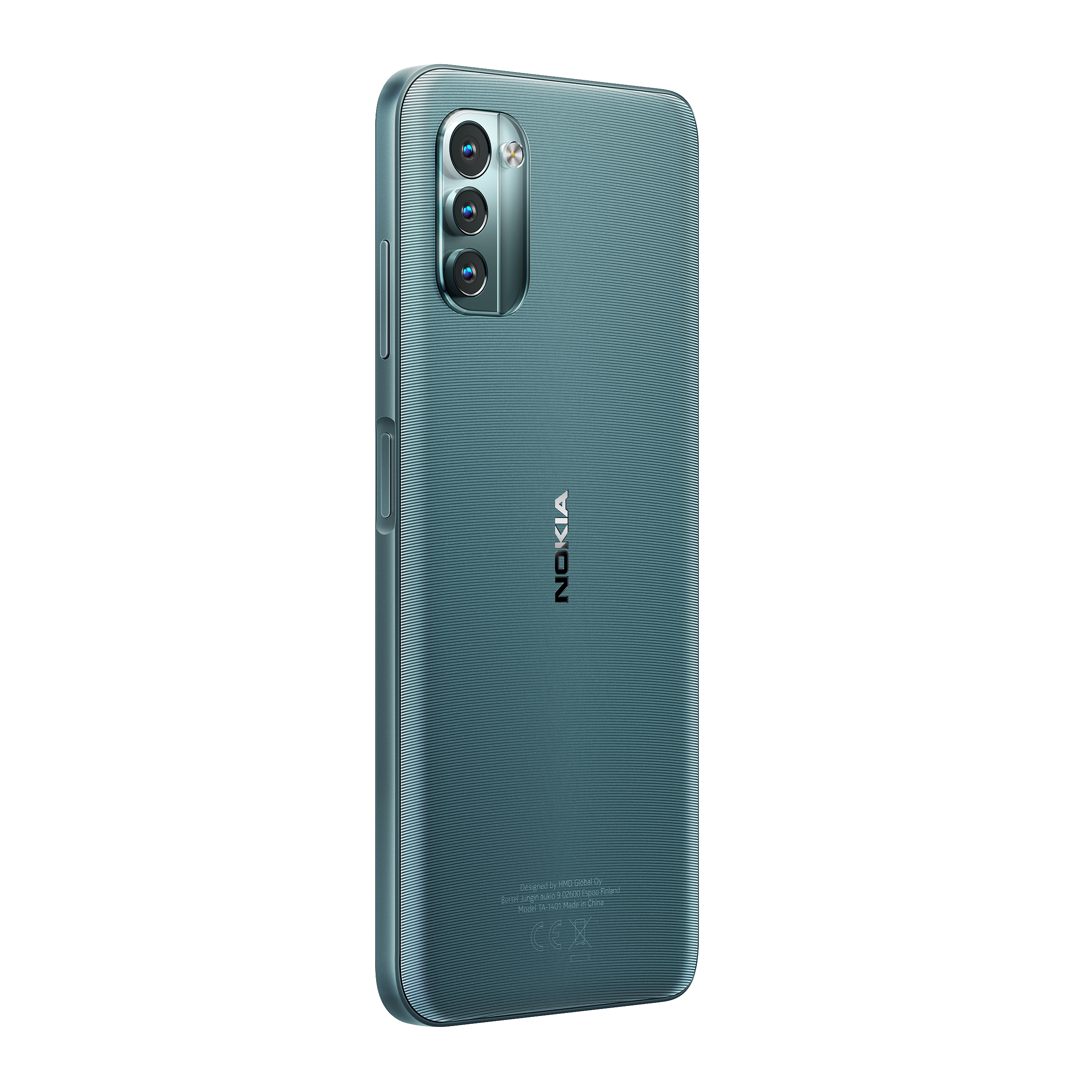 Türkisfarbenes Nokia-Telefon. Rückansicht, strukturierte Rückseite, Dreifachkameras. Weißer Hintergrund.