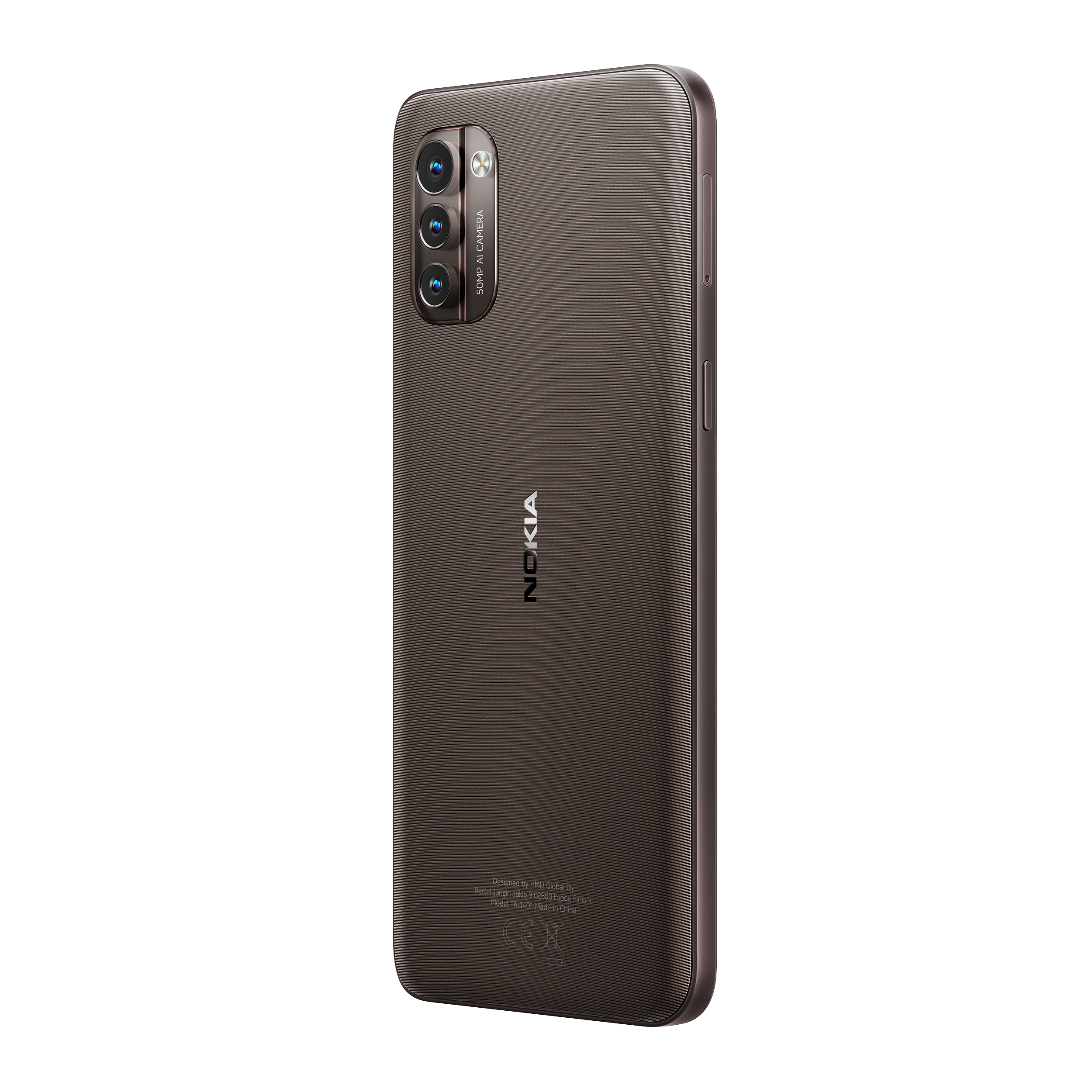 Braunes Nokia-Telefon mit drei Kameras auf der Rückseite, vor weißem Hintergrund.