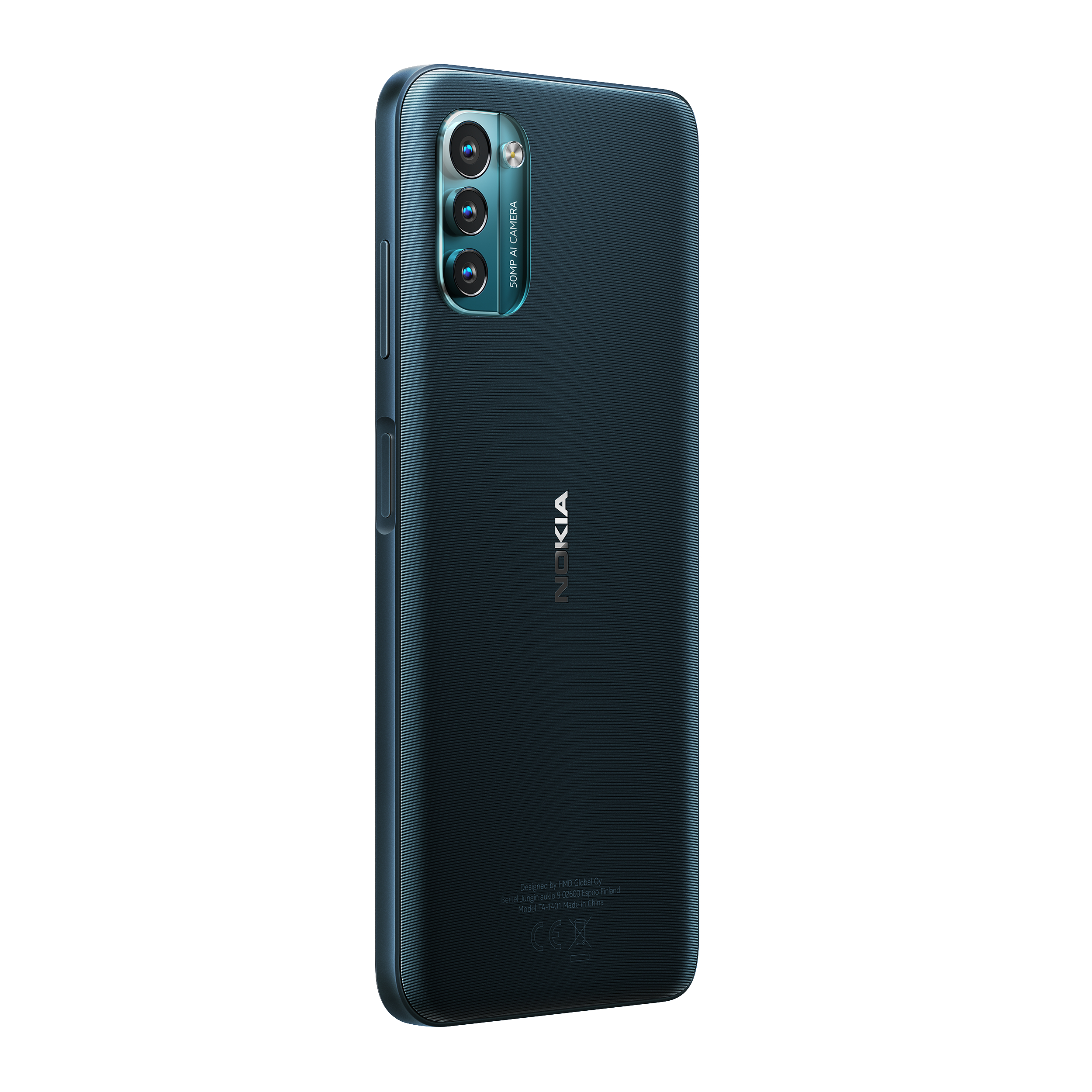 Ein dunkelblaues Nokia-Telefon. Die Rückseite des Telefons mit Kameralinsen und dem Nokia-Logo.