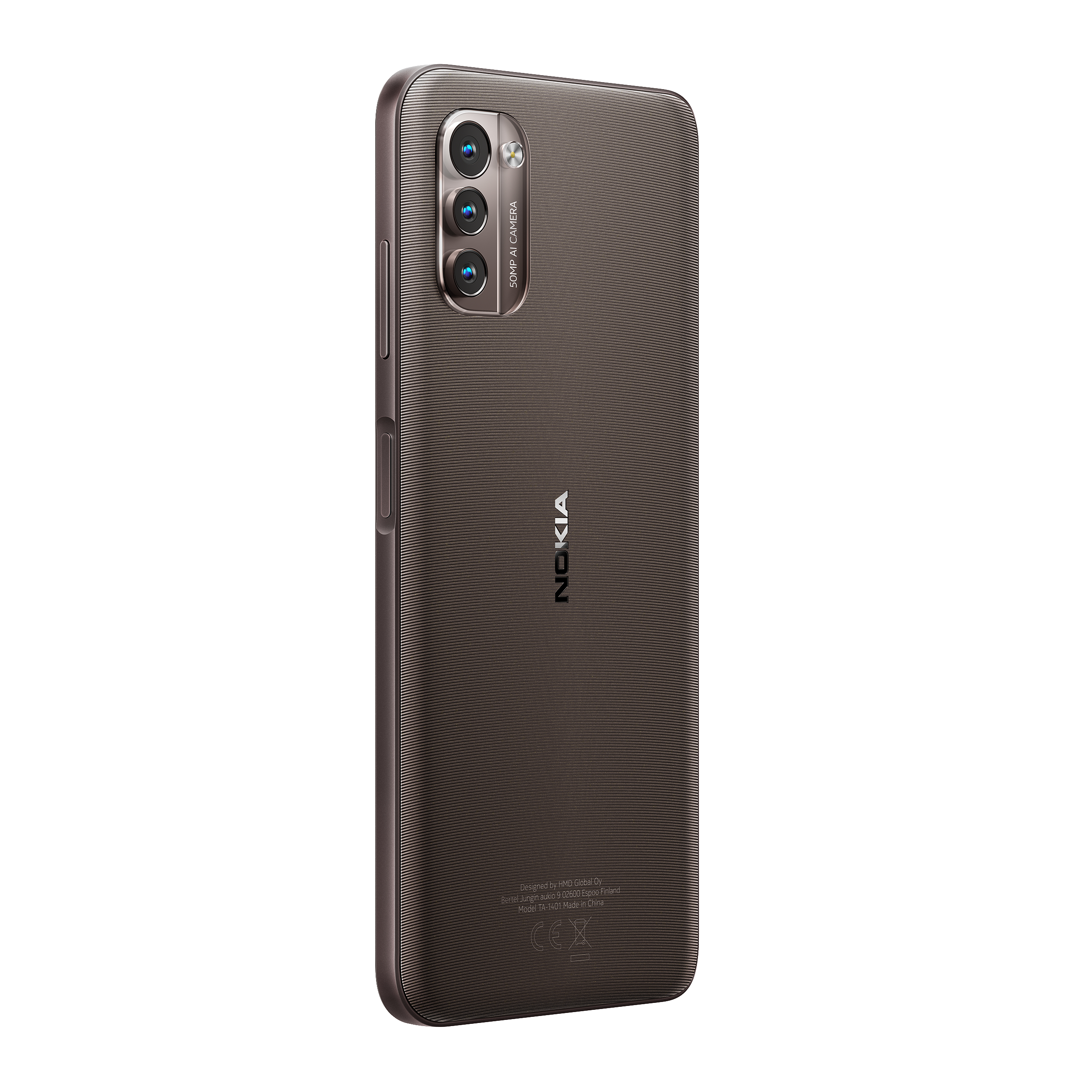 Ein braunes Nokia-Telefon, Rückansicht, mit drei Kameras und einem 50MP-Kamera-Etikett.