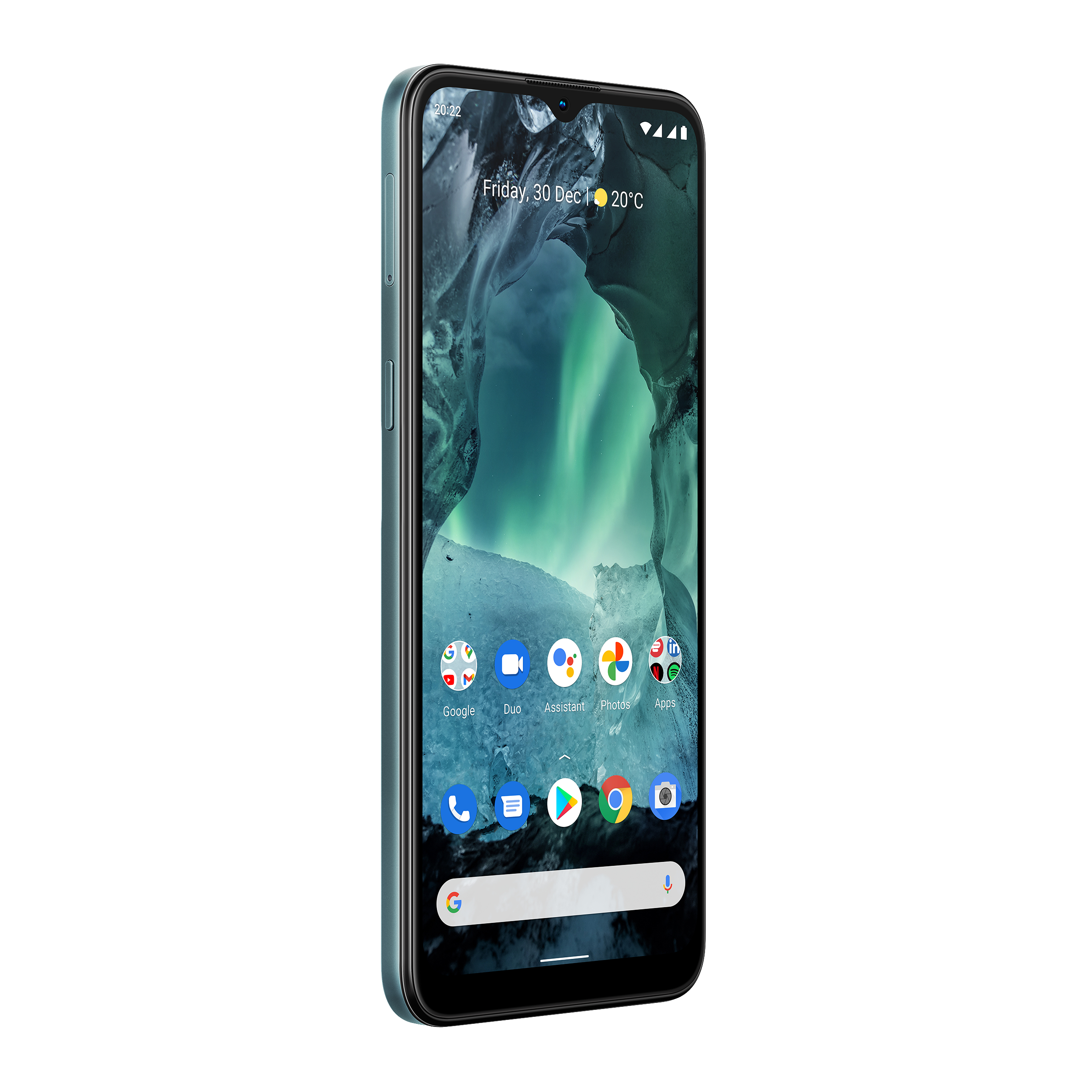 Blaues Telefon mit einem Bildschirm, der eine abstrakte Landschaft und App-Symbole zeigt.